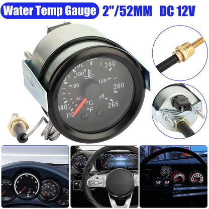 2'' 52mm Pointer Water Temp Temperature Gauge 1/2''NPT Sensor 40-130℃ & 110-265℉