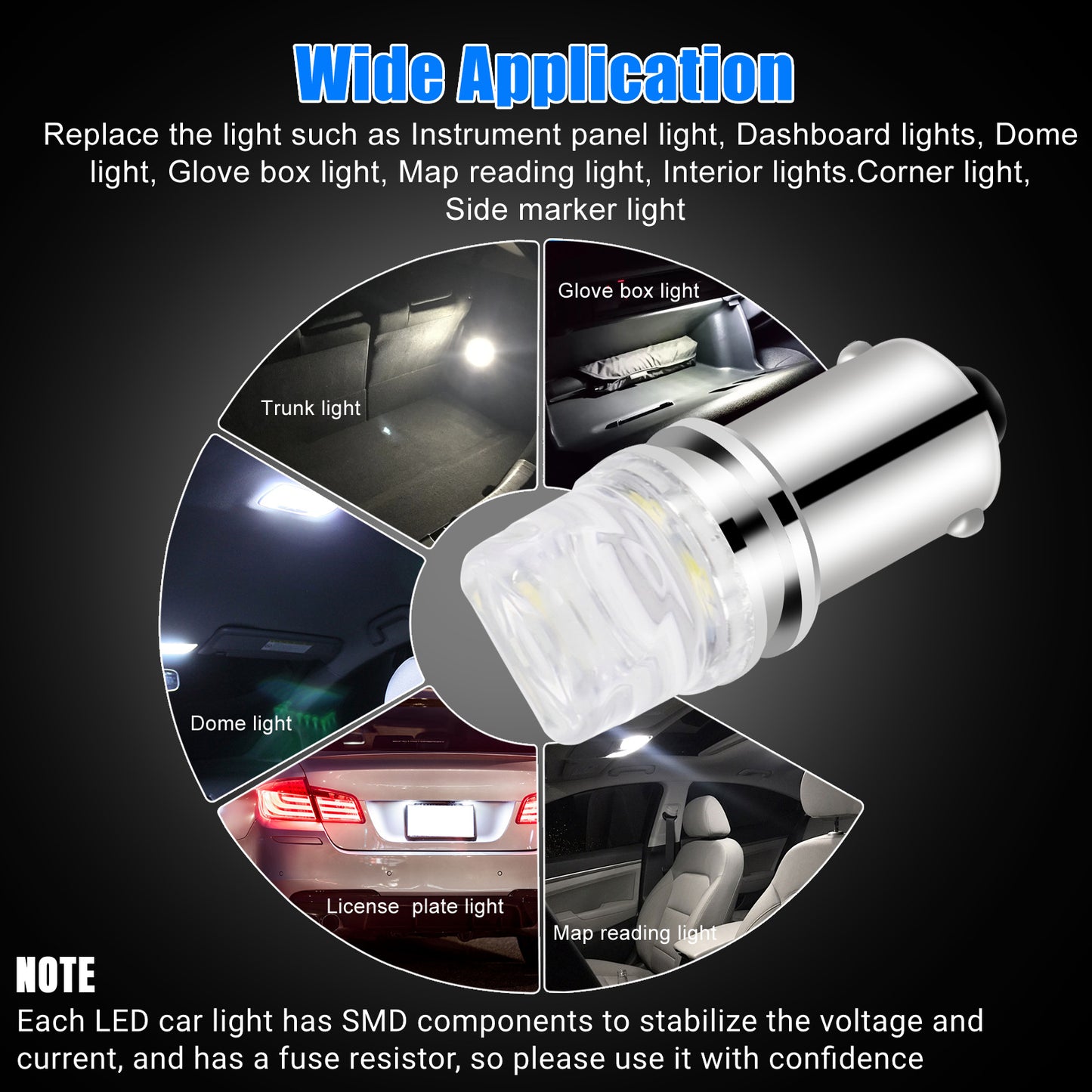 10pcs BA9S LED Car Instrument Panel Interior Light Bulbs - Bright White, Long Lifetime,features 3 high-power 2835 chips