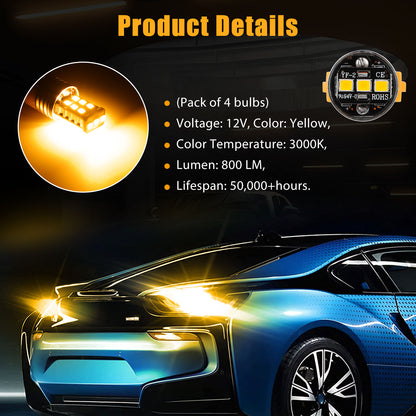 4x 3157 LED Turn Signal Parking DRL Light Bulbs, Amber Yellow, 800LM, 12V, 3000K