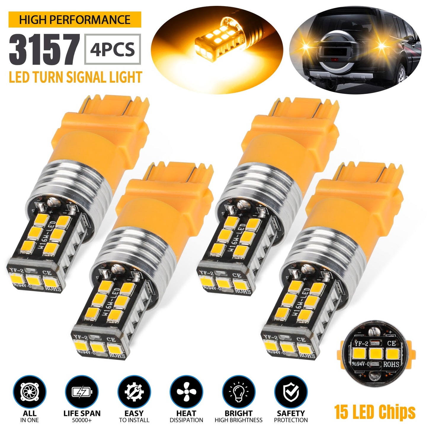 4x 3157 LED Turn Signal Parking DRL Light Bulbs, Amber Yellow, 800LM, 12V, 3000K