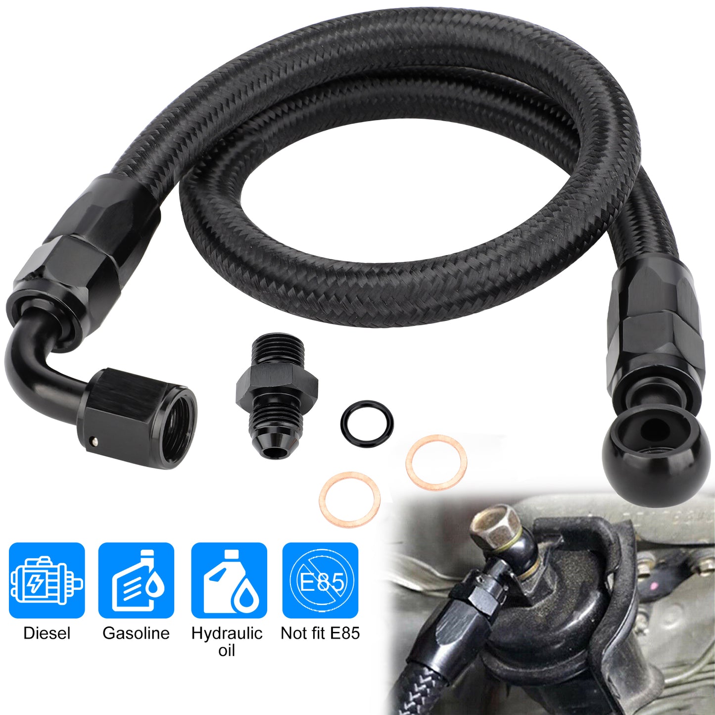 Braided Fuel Line Hose Kit - High-Quality Nylon with 14mm Banjo to 90 Degree 6AN Fitting, Easy Installation