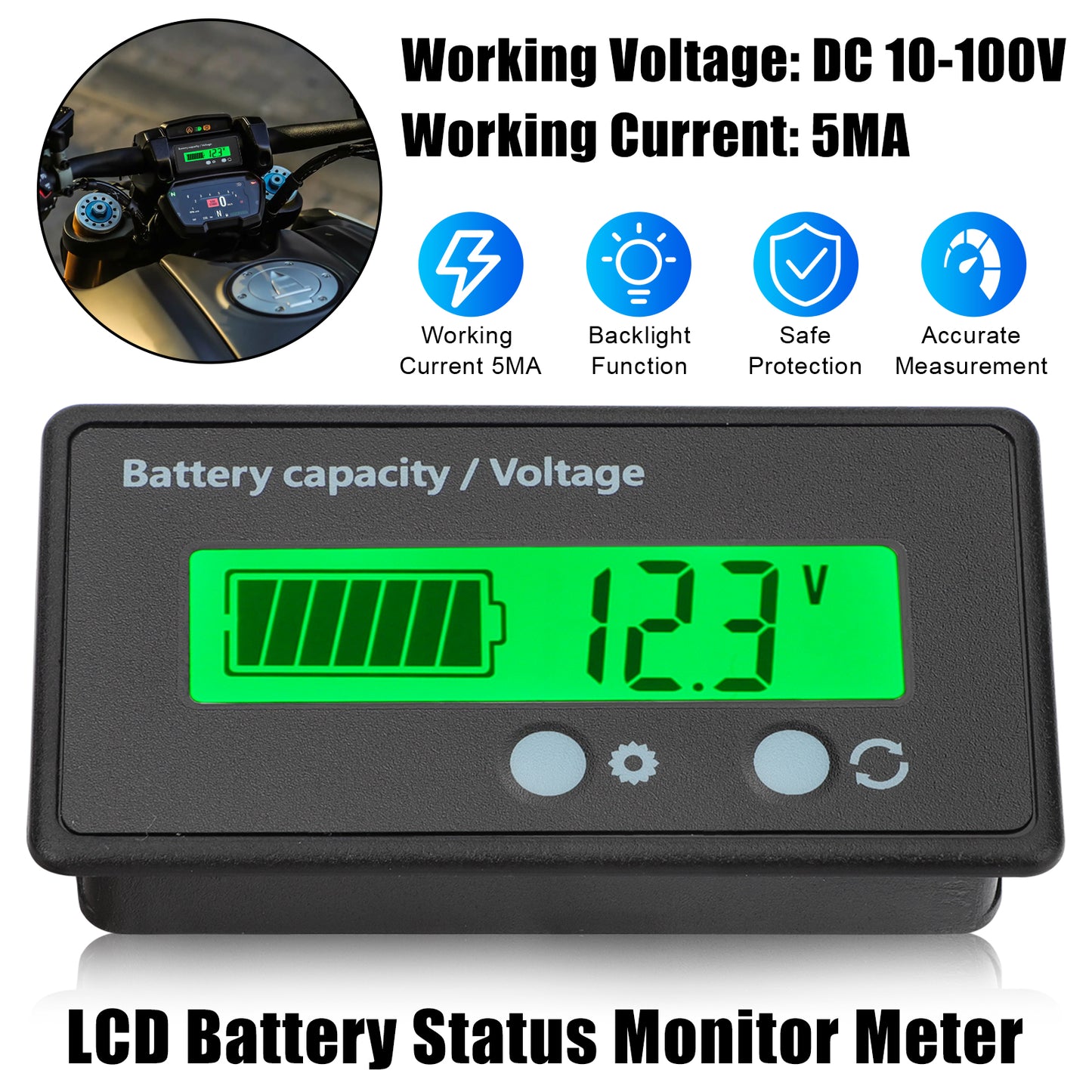 Multi-Voltage Battery Status Monitor Meter, LCD Display, Green Backlit, Waterproof, Versatile Compatibility