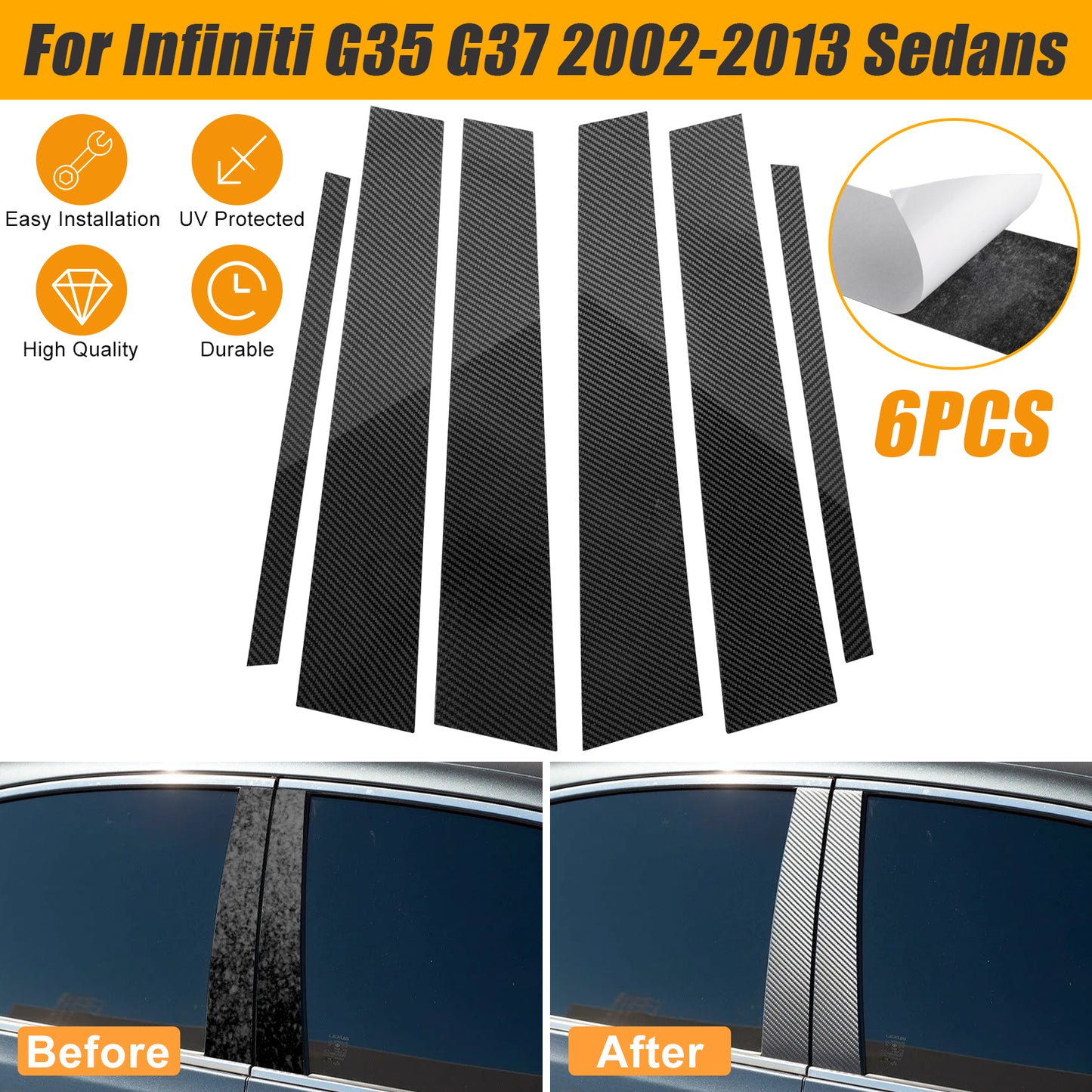 6pcs Carbon Fiber Pillar Posts for Infiniti G35 G37 - Durable, Stylish, and Easy to Install, For Infiniti G35 G37 2002-2013 Sedan