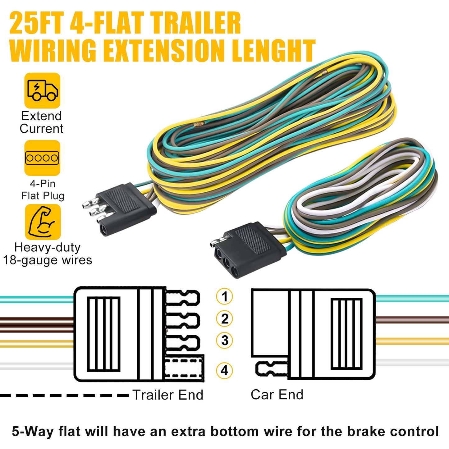25FT 4 Way Trailer Wiring Connection Kit - 4FT Female Plug Wiring Harness,Wiring Extension Kit for truck Boat Car