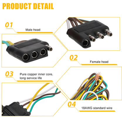 25FT 4 Way Trailer Wiring Connection Kit - 4FT Female Plug Wiring Harness,Wiring Extension Kit for truck Boat Car