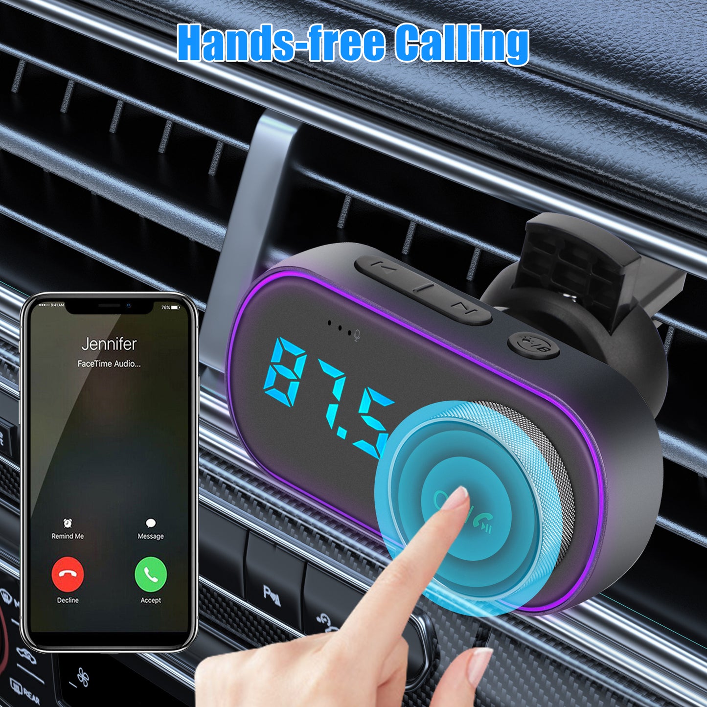 Multifunction Bluetooth Car FM MP3 Transmitter - 5.0 FM Transmitter for Car with QC3.0 & PD 18W Charger, Hands-Free Call, Support TF Card AUX Siri Google Assistant,7 types of ambient light adjustable