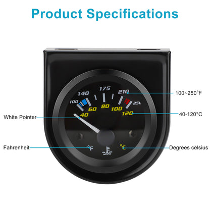 2" 52mm Automotive Water Temperature Gauge  40-120°C / 100-250°F Range,Clear Readings, High Sensitivity, Sensor Included