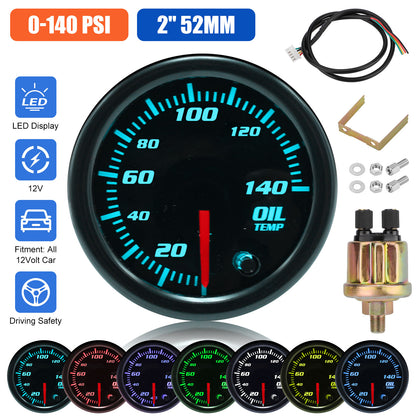 2'' Oil Pressure Gauge Kit with Sensor - 7 Color Digital LED Display 0-140 PSI for Car Truck