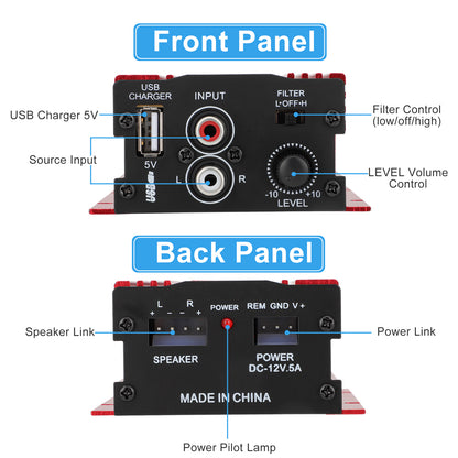 MA150 500W Compact 12V Car Mounted Power Amplifier - 2 Channels, Lightweight Aluminum Casing, Ideal for Car and Home Audio