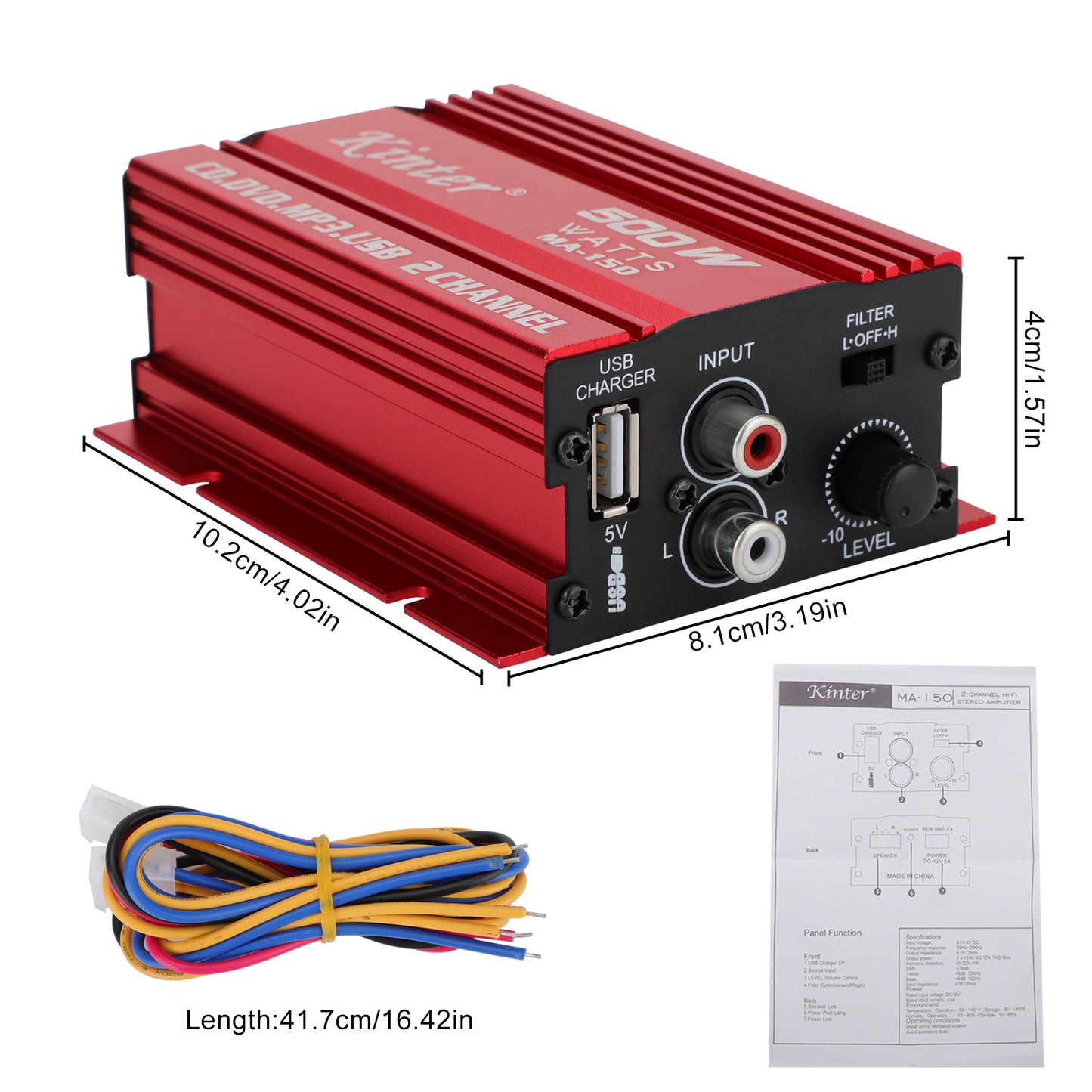 MA150 500W Compact 12V Car Mounted Power Amplifier - 2 Channels, Lightweight Aluminum Casing, Ideal for Car and Home Audio
