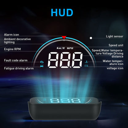 Car Head-Up Display Gauge - 3.5" LED Screen, OBD2 Powered, Multi-Function Monitoring,alerts for high speed, low voltage, or high water temperature