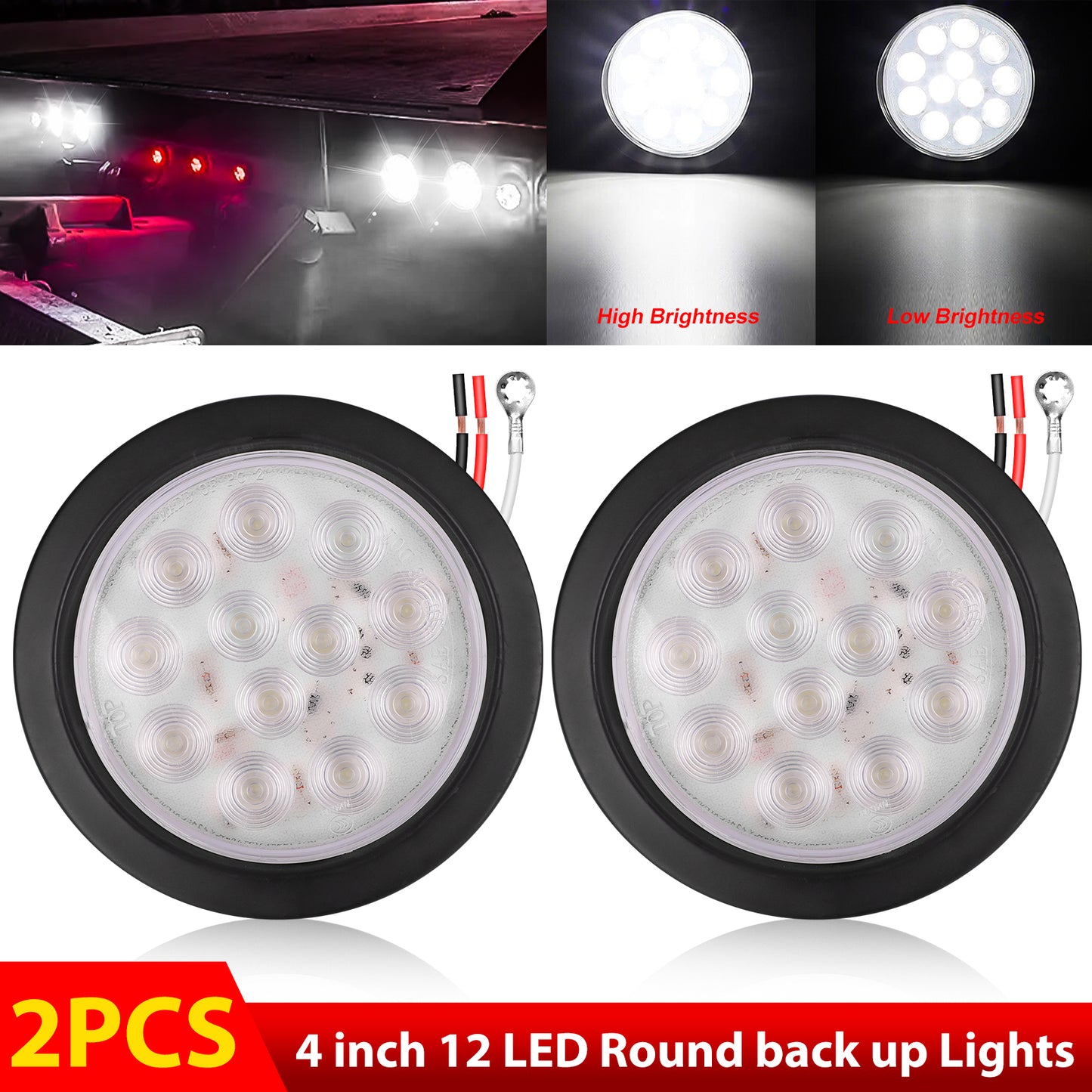2pcs 4 Inch Round 24 LED Reverse Backup Tail Lights- Waterproof Seal, Easy Installation - Compatible with Trucks, Trailers, Heavy-Duty Vehicles like Peterbilt and Kenworth
