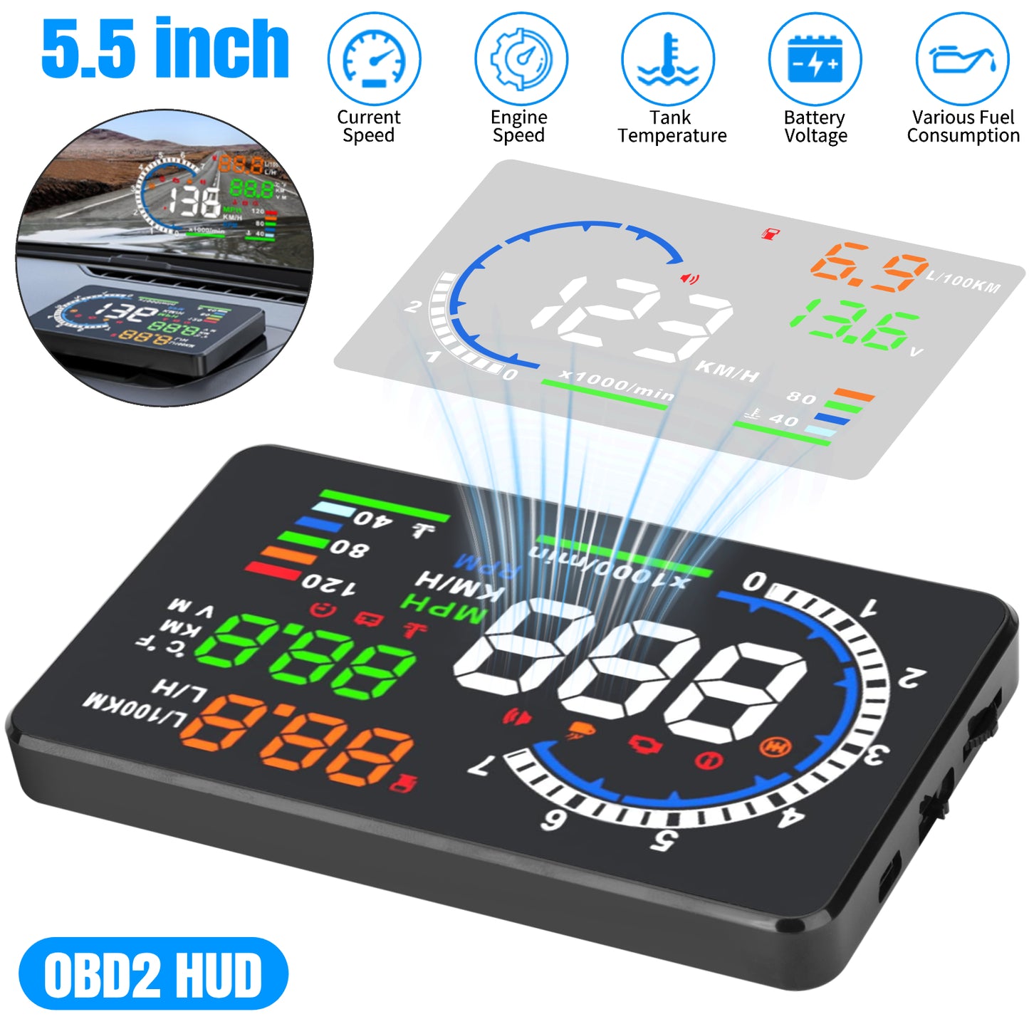 A8 HUD Display OBD2 5.5" Dash Screen Projector - Auto Gauge RPM MPH/KM Speedometer Overspeed Warning Fuel Consumption Windshield Display Multiple-Color Bright for Car Truck (Black)