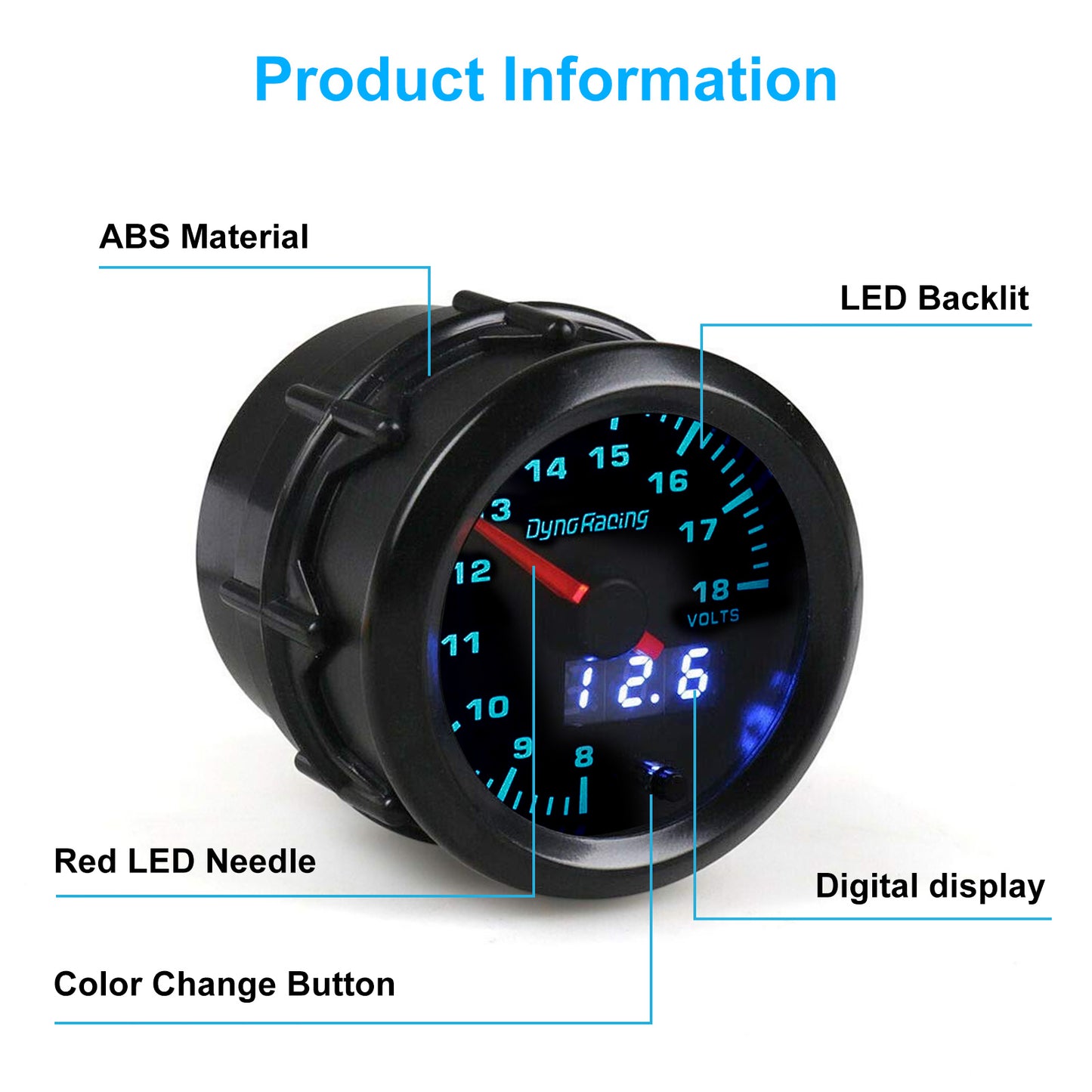 2" 52mm Digital Pointer 7 Color LED Car Voltage Gauge - Universal Fit for 12V Cars,Precise Voltage Monitoring (8-18V),Easy Installation,Night Driving Visibility