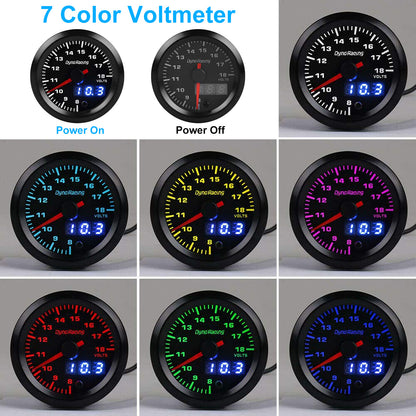 2" 52mm Digital Pointer 7 Color LED Car Voltage Gauge - Universal Fit for 12V Cars,Precise Voltage Monitoring (8-18V),Easy Installation,Night Driving Visibility