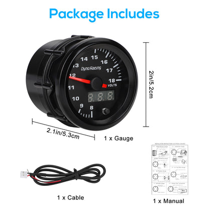 2" 52mm Digital Pointer 7 Color LED Car Voltage Gauge - Universal Fit for 12V Cars,Precise Voltage Monitoring (8-18V),Easy Installation,Night Driving Visibility