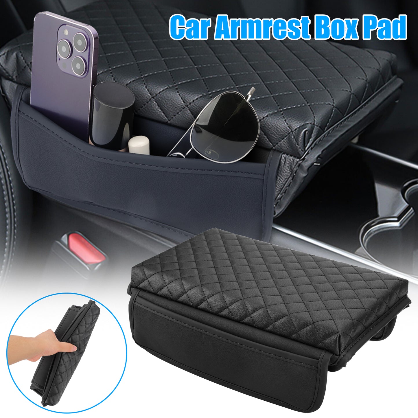 Auto Armrest Cushion Cover - PU Leather Center Console Box Pad Protector with Phone Pocket,Car Center Console Cover Pad,Auto Armrest Cover Car Accessories for SUV Vehicle Truck (Black)
