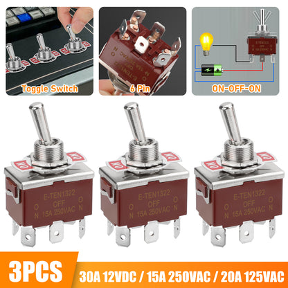 3 pcs 12V 6 Pin 3 Position Heavy Duty Toggle Switches - solid  Terminal Metal Boat Switch for Car Auto Boat Household Appliances