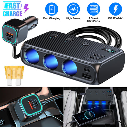 171W Multi port Cigarette Lighter Splitter Adapter - 9 In1 Fast Charging with 4 USB & 3 Socket 2 PD output  LED Voltage 12V (Black)