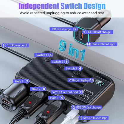 171W Multi port Cigarette Lighter Splitter Adapter - 9 In1 Fast Charging with 4 USB & 3 Socket 2 PD output  LED Voltage 12V (Black)