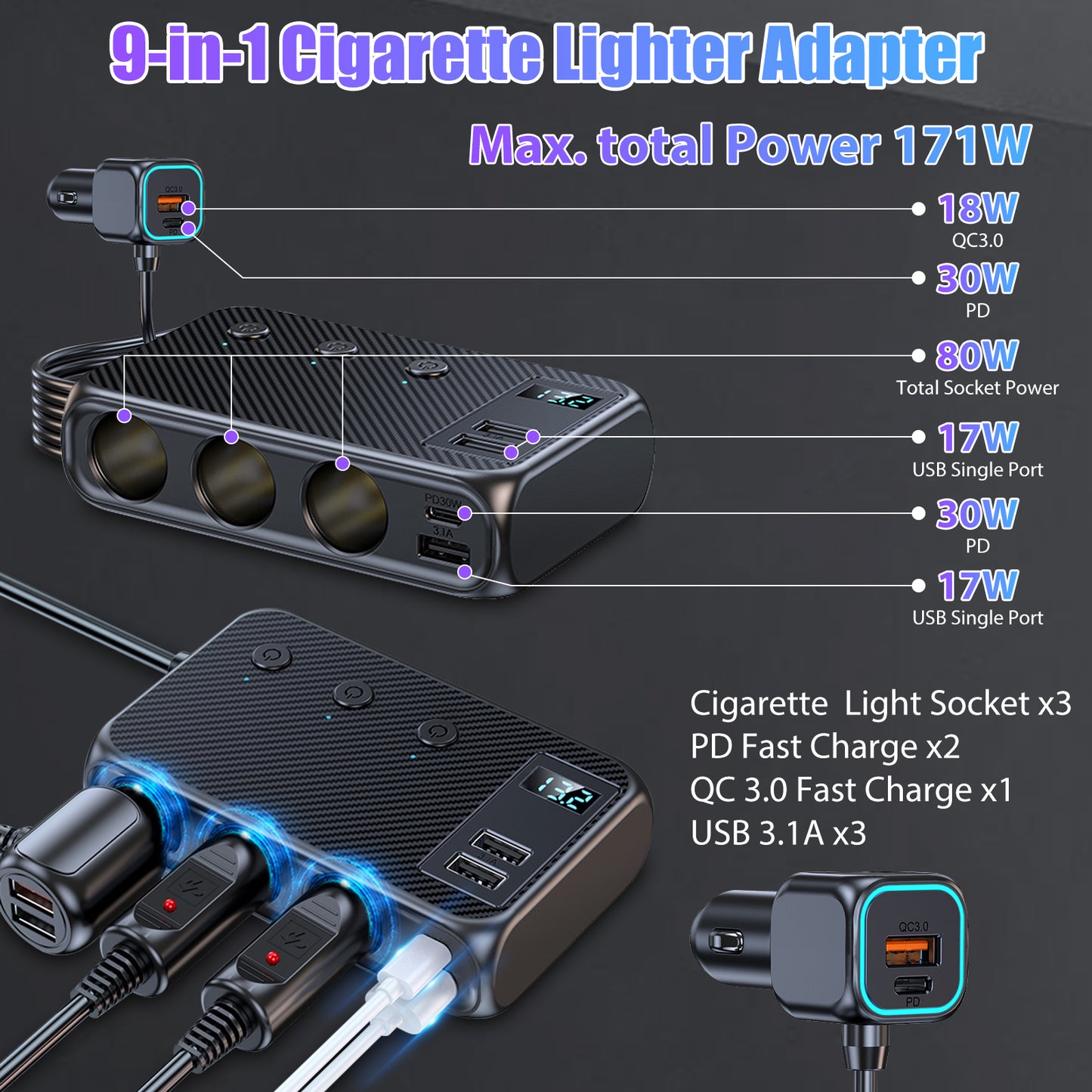 171W Multi port Cigarette Lighter Splitter Adapter - 9 In1 Fast Charging with 4 USB & 3 Socket 2 PD output  LED Voltage 12V (Black)