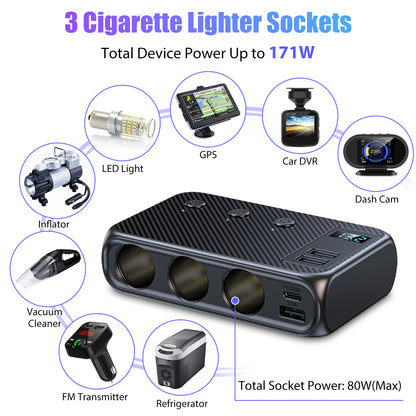 171W Multi port Cigarette Lighter Splitter Adapter - 9 In1 Fast Charging with 4 USB & 3 Socket 2 PD output  LED Voltage 12V (Black)