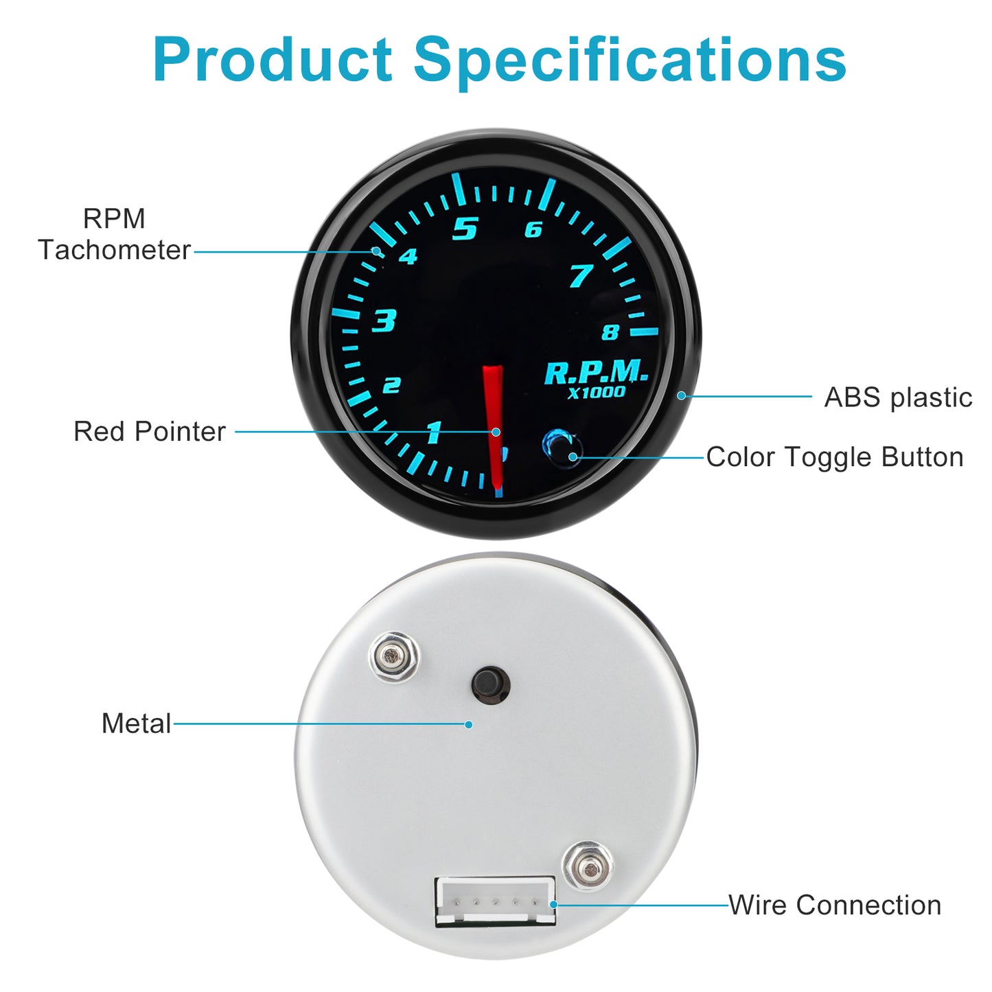 2" 52mm 7 Color Engine Tachometer Gauge - 0-8000 RPM,Ideal for 1-8 Cylinder Gas-Powered Vehicles in 12V