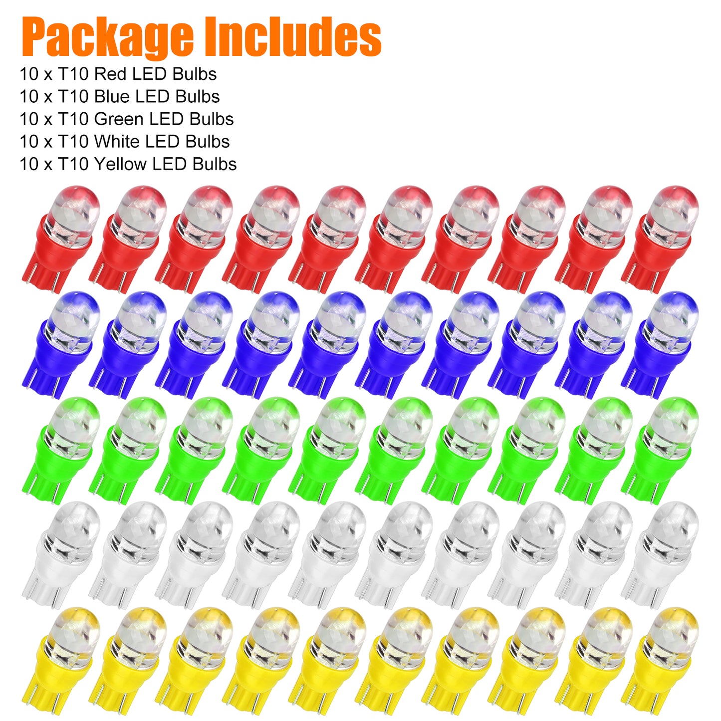 50Pcs T10 194 LED Bulb for Instrument Panel - 5 Vibrant Colors,Plug & Play Installation,Fits T10, 194, 168, and 2825 sockets