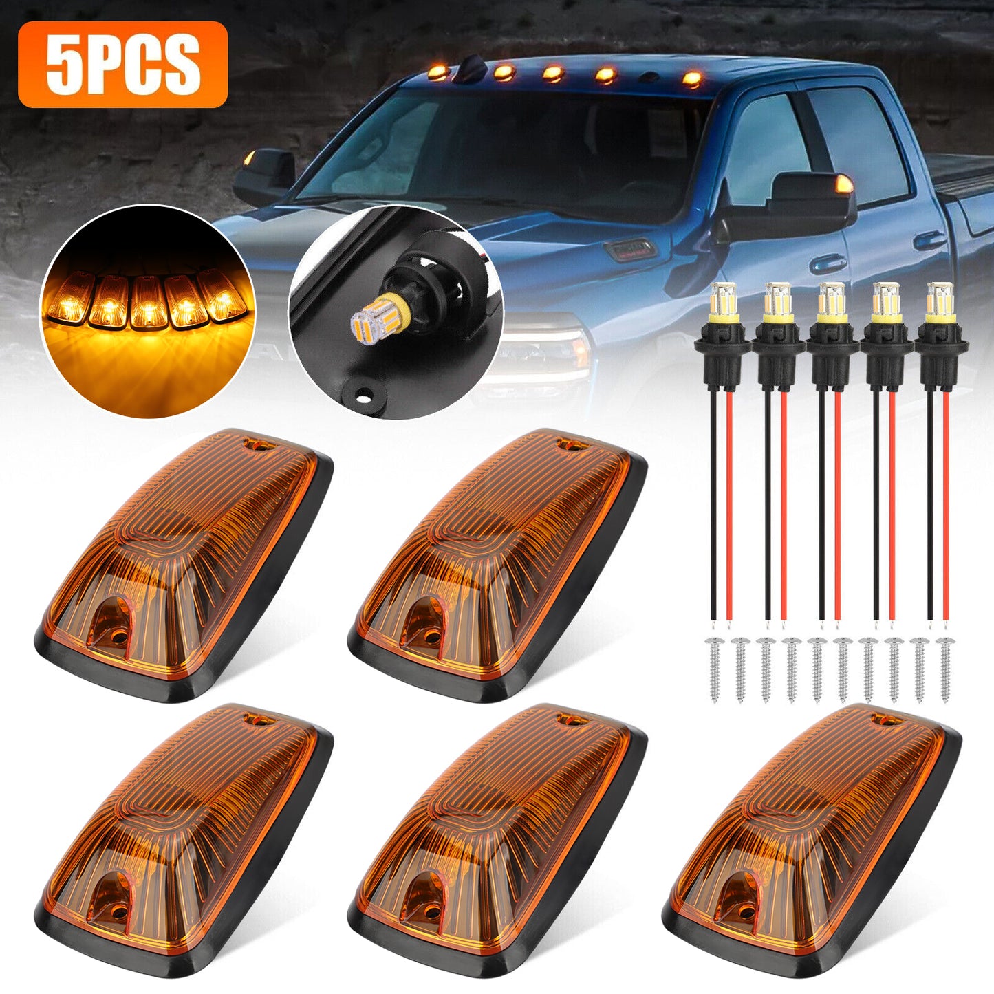 5pcs Clear Lens Amber LED Cab Marker Roof Light - T10 led light, Waterproof Design, Easy Installation,for 88-02 Chevy/GMC Pickup Trucks