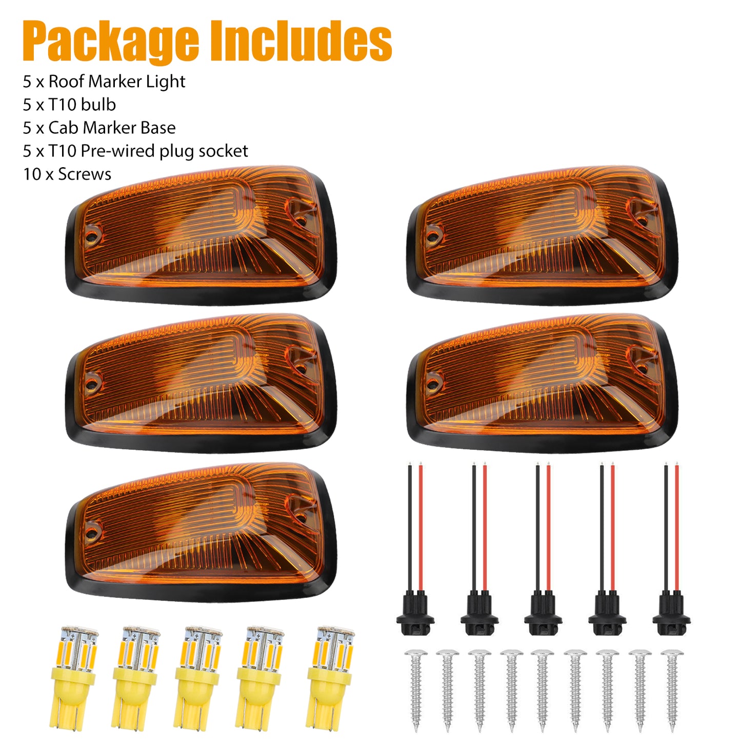 5pcs Clear Lens Amber LED Cab Marker Roof Light - T10 led light, Waterproof Design, Easy Installation,for 88-02 Chevy/GMC Pickup Trucks