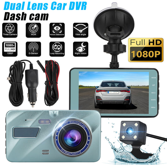 4 Inch Dash Cam 1080P FHD DVR Car Driving Recorder - Touch LCD Screen 170° Wide Angle, G-Sensor, Front and Rear Camera (Sky Blue)