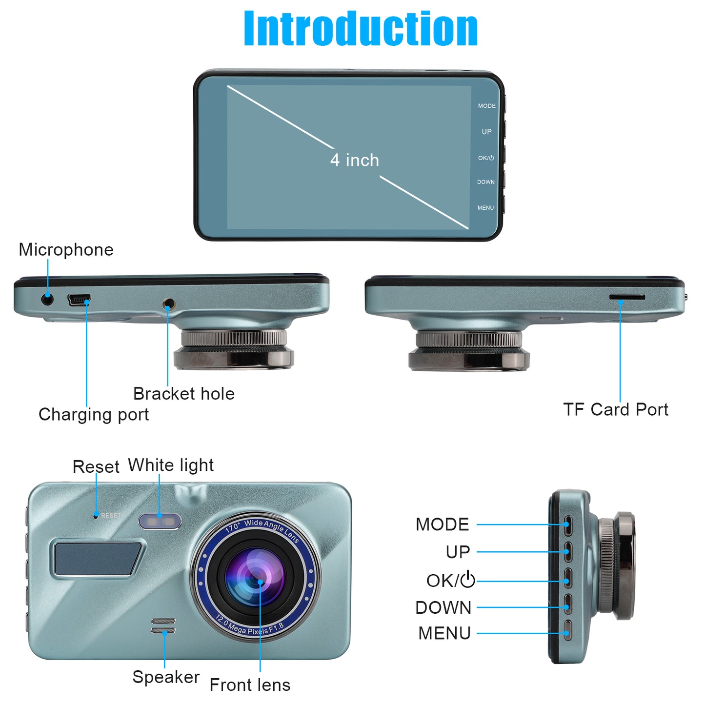 4 Inch Dash Cam 1080P FHD DVR Car Driving Recorder - Touch LCD Screen 170° Wide Angle, G-Sensor, Front and Rear Camera (Sky Blue)