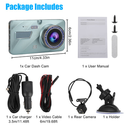 4 Inch Dash Cam 1080P FHD DVR Car Driving Recorder - Touch LCD Screen 170° Wide Angle, G-Sensor, Front and Rear Camera (Sky Blue)