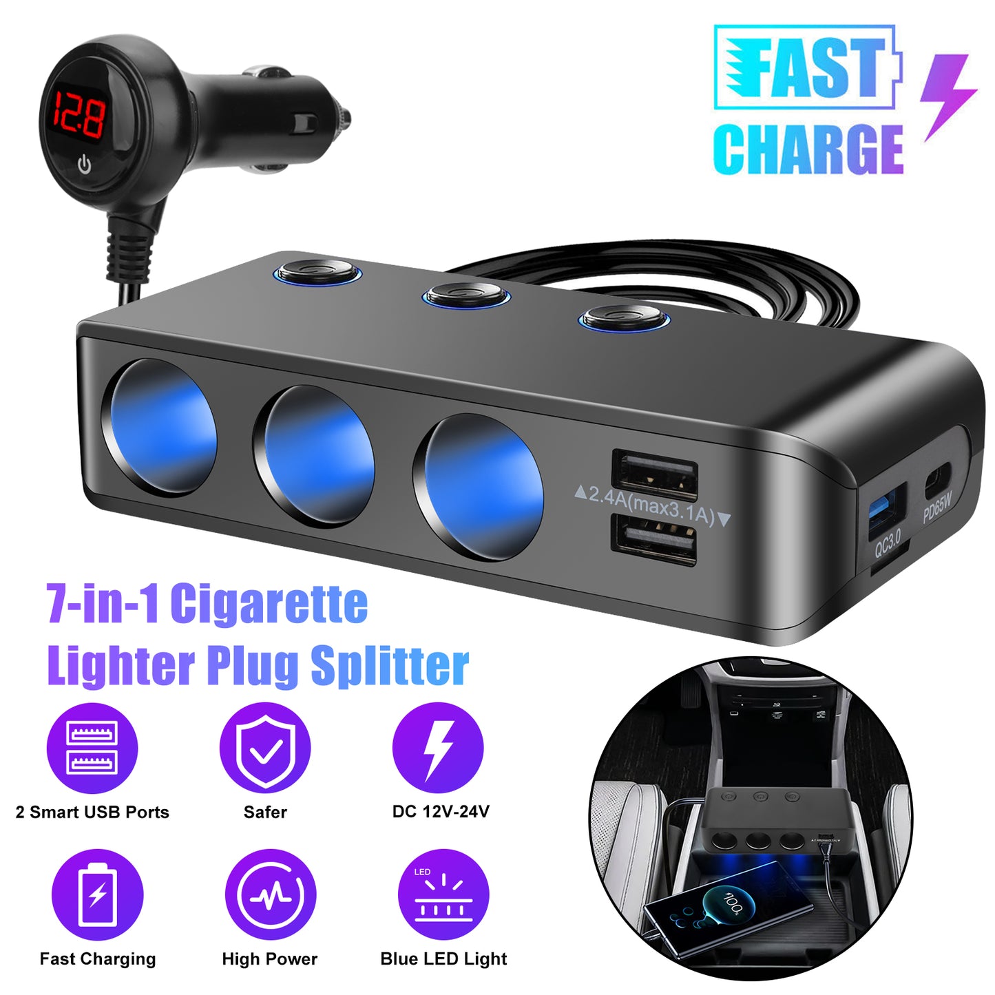 7-in-1 3 Way Cigarette Lighter Socket Splitter Power Adapter - LED Display Voltage 120W 12V/24V 3 USB +PD Car Charger Outlet for GPS Dash Cam Phone (Black)