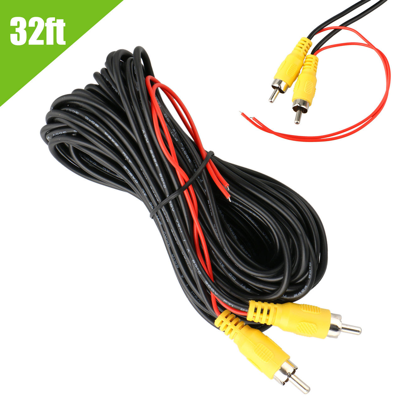 Car Video RCA Extension Cable for Auto Backup Camera Monitor Rear View Parking System with Detection Wire Reverse Trigger Lead for GPS Navigation, 32ft