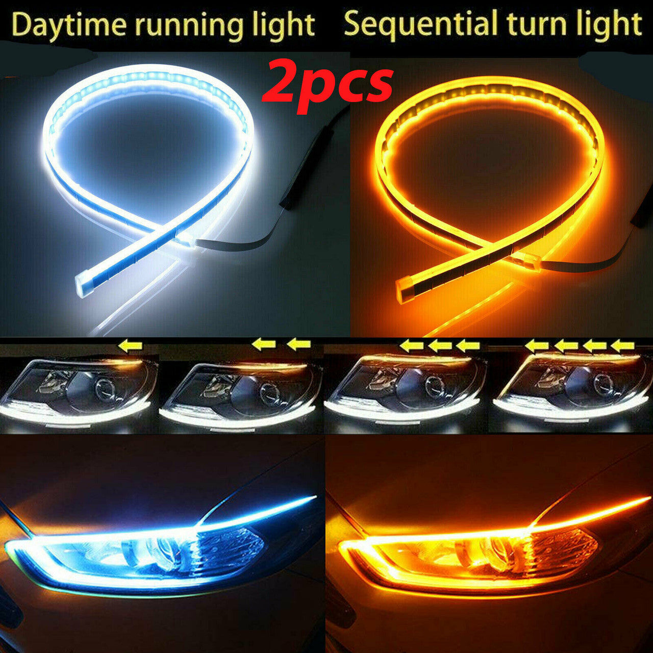 Flexible Led Light Strip 2Pcs 24 Inches Dual Color White-Amber Sequential Switchback DRL LED Kit Waterproof for Car Replacement Switchback Headlight Decorative Lamp Kits and Turn Signal Tube Lights