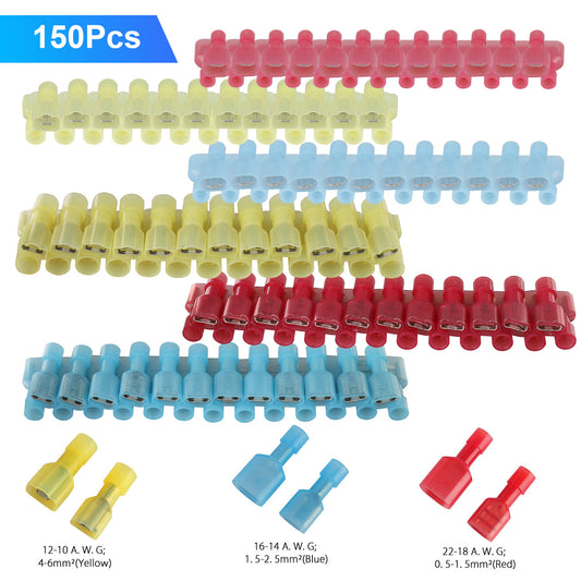 Fully Insulated Male & Female Spade Nylon Quick Disconnect Electrical Crimp Terminals Assortment Kit, Wire Connectors - Red 22-18AWG; Blue 16-14AWG; Yellow 10-12AWG, 150PCS