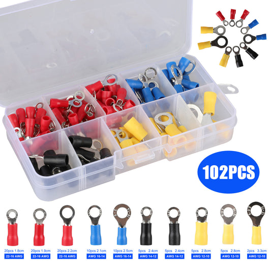 Heat Shrink Wire Connector Kit Electrical Insulated Crimp Marine Automotive Terminals Set, Ring Fork Hook Spade Butt Splices, 102 PCS