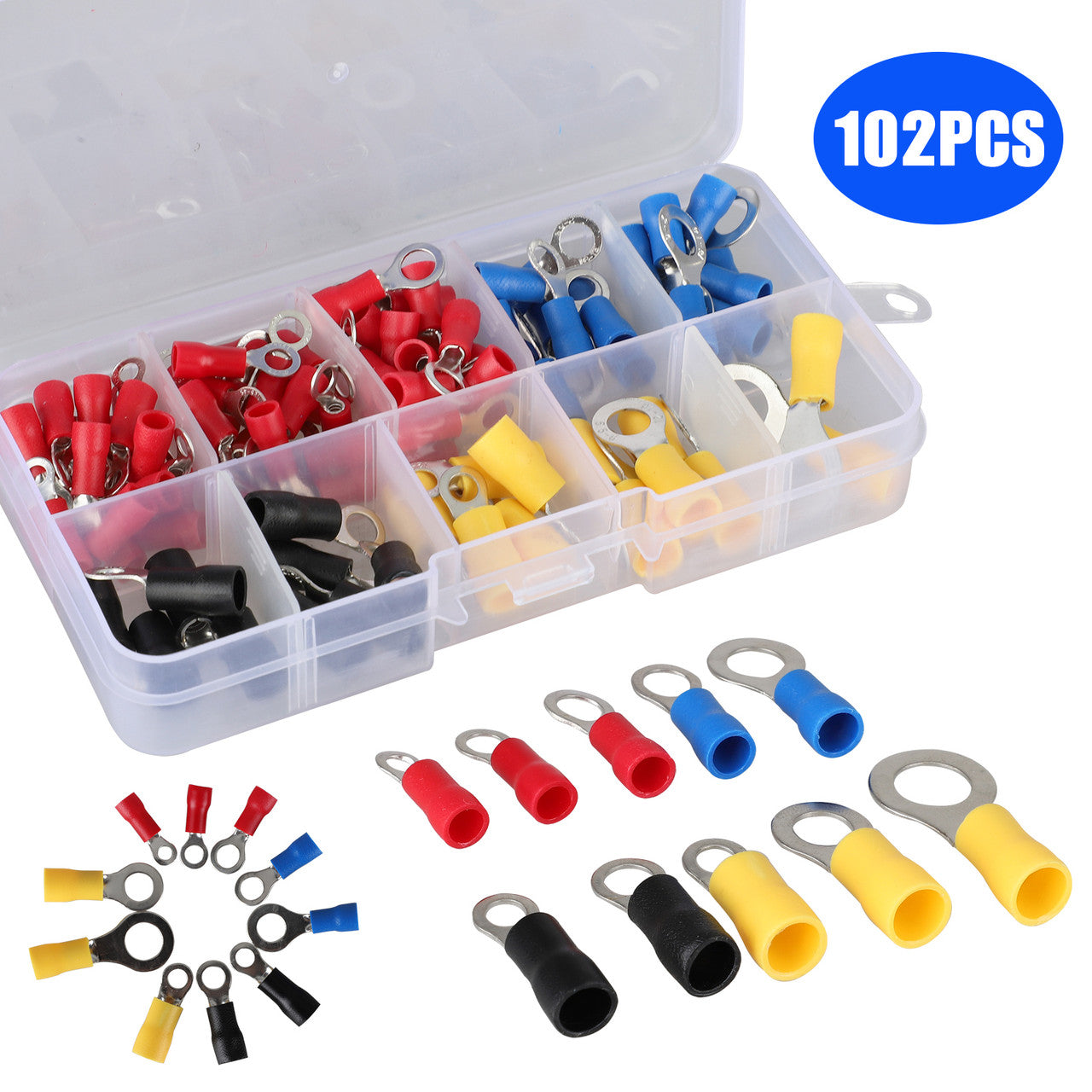 Heat Shrink Wire Connector Kit Electrical Insulated Crimp Marine Automotive Terminals Set, Ring Fork Hook Spade Butt Splices, 102 PCS