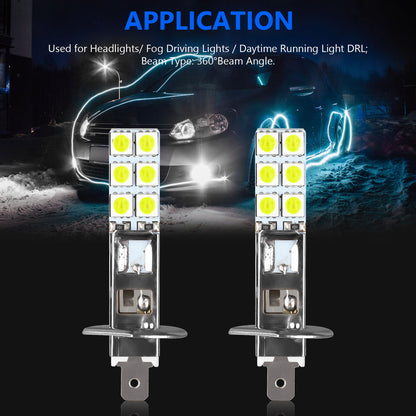 H1 LED Fog Light, 2 Pcs H1 5050-12SMD Auto Car Headlight Daytime Running Light/DRL Bulb, 6000K 1800LM White Super Bright Fog Light Conversion Kit