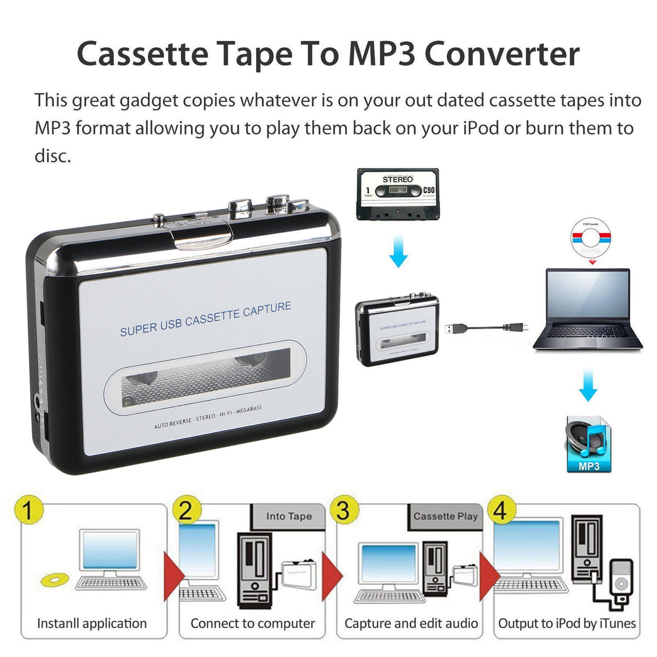 Cassette Tape to MP3 CD Converter via USB, Portable Cassette Player Convert Cassette Tape to Digital MP3, with Earphones