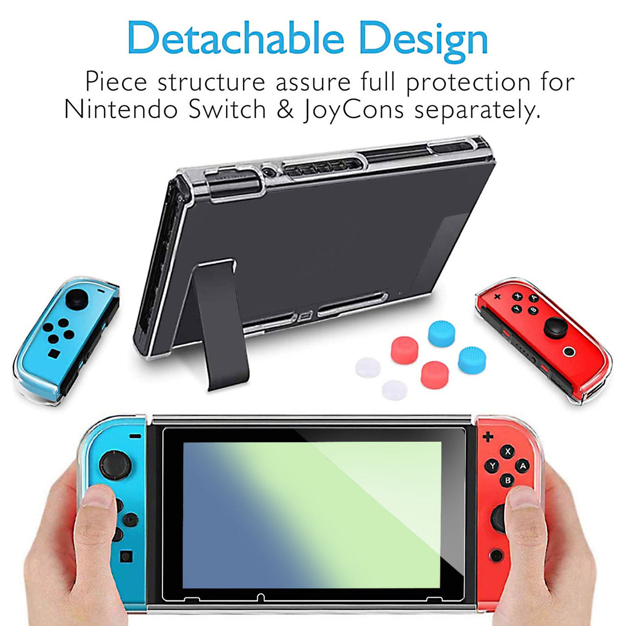 Clear Cover Case for Nintendo Switch, Dockable Protective Case + Glass Screen Protector + 8 Thumb Grip Cover Caps Accessories Fit for Nintendo Switch and Joy-Con, Anti-scratch Switch Accessories Kit