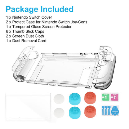 Clear Cover Case for Nintendo Switch, Dockable Protective Case + Glass Screen Protector + 8 Thumb Grip Cover Caps Accessories Fit for Nintendo Switch and Joy-Con, Anti-scratch Switch Accessories Kit