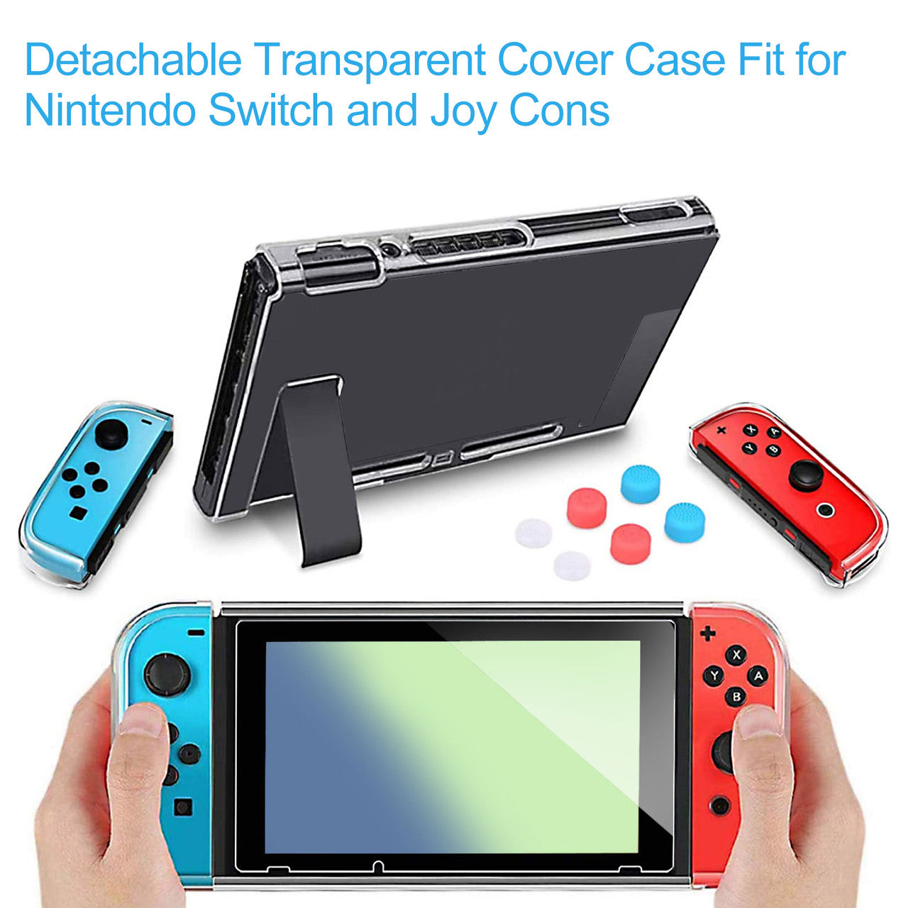 Clear Cover Case for Nintendo Switch, Dockable Protective Case + Glass Screen Protector + 8 Thumb Grip Cover Caps Accessories Fit for Nintendo Switch and Joy-Con, Anti-scratch Switch Accessories Kit