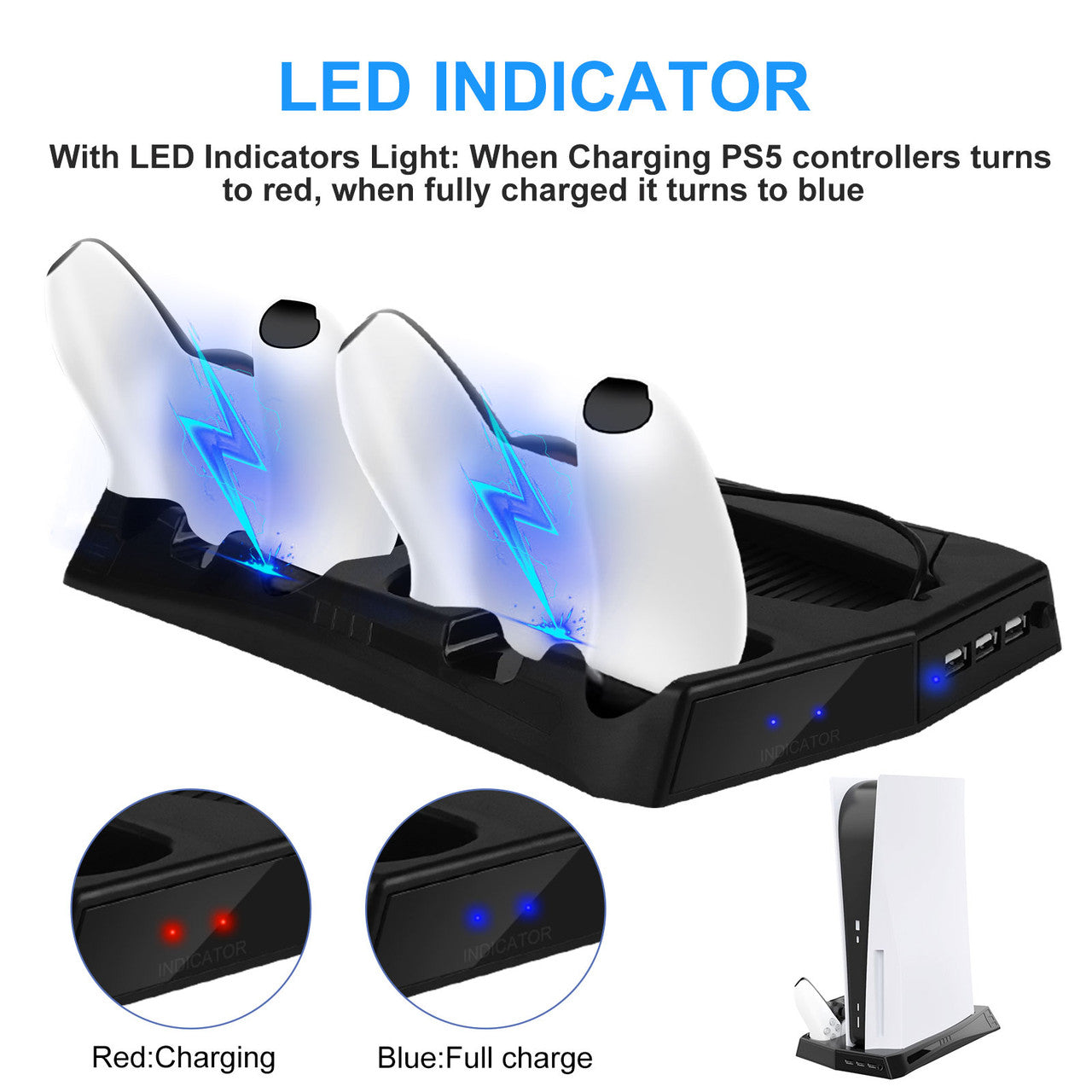 Vertical Cooling Stand Controller Charging Station Compatible with PS5 UHD/DE, 3-fans Upgraded Cooling Fan Cooler for PS5 Console, LED Indicator, 3 USB Ports