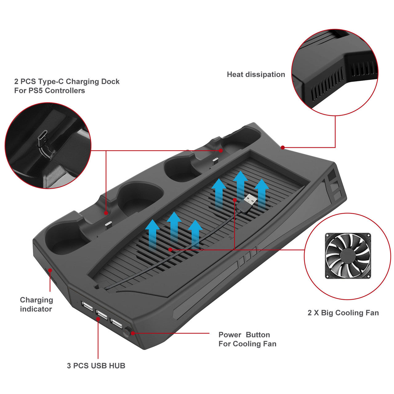 Vertical Cooling Stand Controller Charging Station Compatible with PS5 UHD/DE, 3-fans Upgraded Cooling Fan Cooler for PS5 Console, LED Indicator, 3 USB Ports