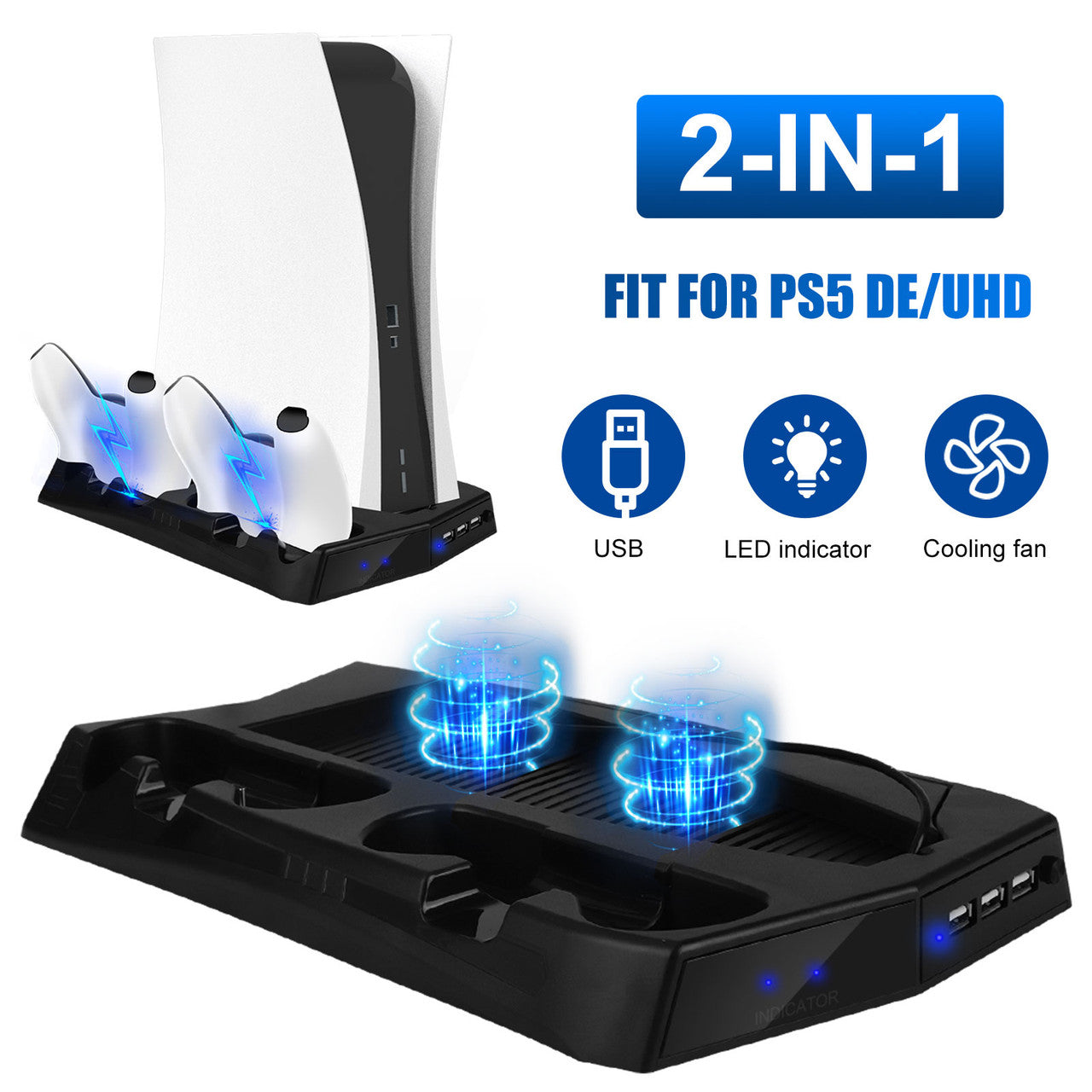 Vertical Cooling Stand Controller Charging Station Compatible with PS5 UHD/DE, 3-fans Upgraded Cooling Fan Cooler for PS5 Console, LED Indicator, 3 USB Ports