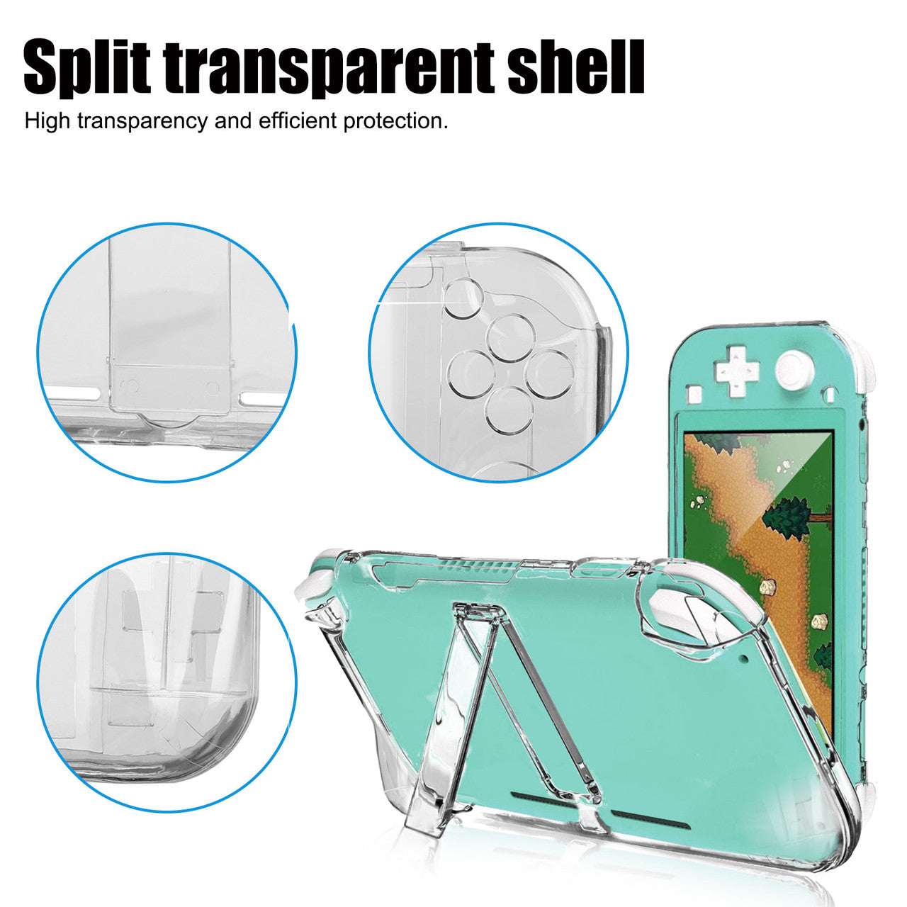 Case for Nintendo Switch Lite 2019, Transparent Clear Grip Cover Protective Accessories fit for Nintendo Switch Lite with Kickstand, 2x Tempered Glass Screen Protector and 6x Thumb Caps Included