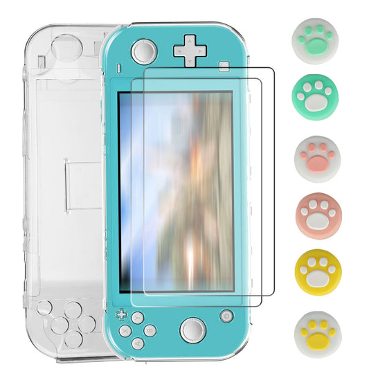 Case for Nintendo Switch Lite 2019, Transparent Clear Grip Cover Protective Accessories fit for Nintendo Switch Lite with Kickstand, 2x Tempered Glass Screen Protector and 6x Thumb Caps Included