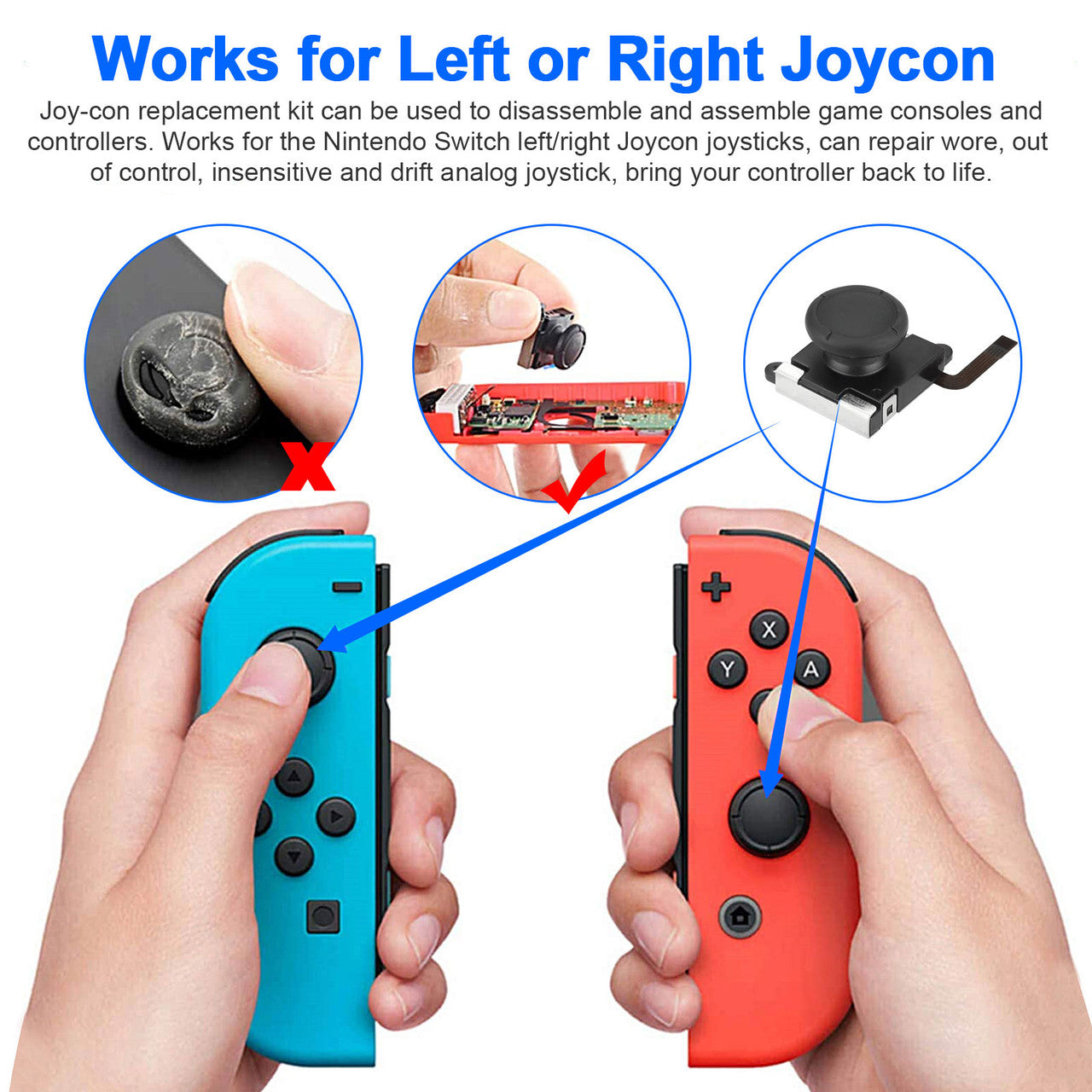 3D Replacement Joystick Analog Thumb Stick for Switch Joy-Con Controller - Switch Replacement Part Repair Kit, Thumbstick Caps / Metal Buckles and Screwdriver Pry Repair Tools for Nintendo Joycons